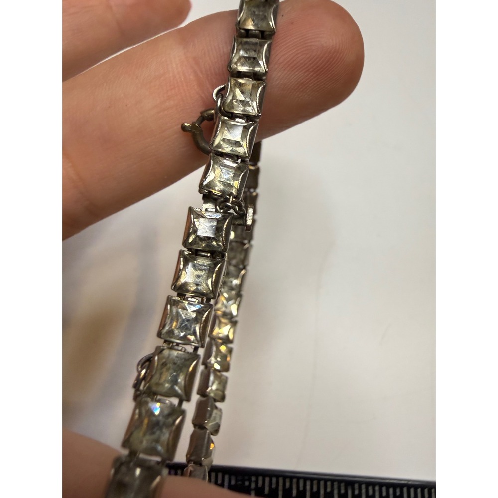 Vintage Silver Tone Square Cut Clear Rhinestone Tennis Bracelet Safety Chain